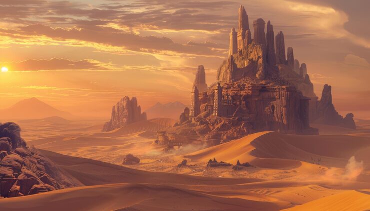 Ancient desert architecture carved into sandstone cliffs in the Middle East.